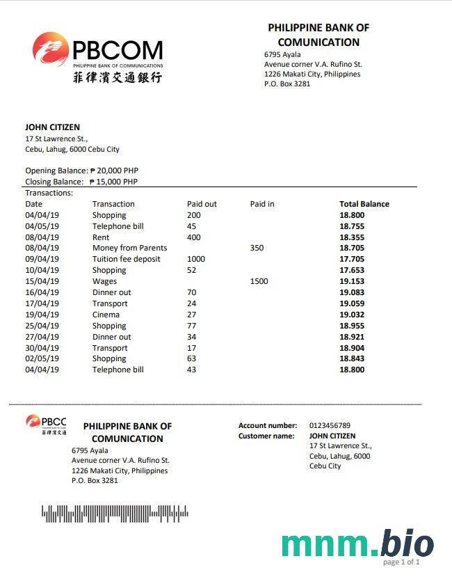 Szablon wyciągu bankowego Peru Citibank w programie Word i PDF
